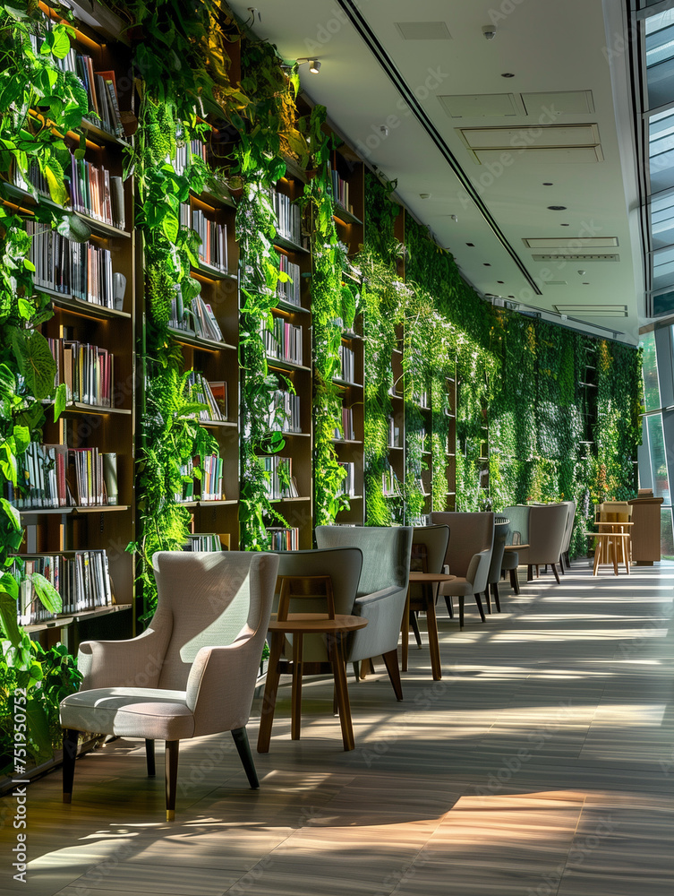 Φωτογραφία A Photo Of a Library With a Green Wall And Natural Light To Reduce Energy Use