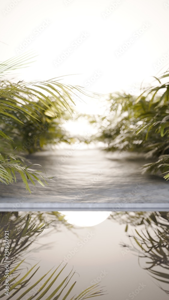 Tropical palm background with pool foreground product visualization scene premium photo 3d render Tropical palm background with pool foreground product visualization scene premium photo 3d render