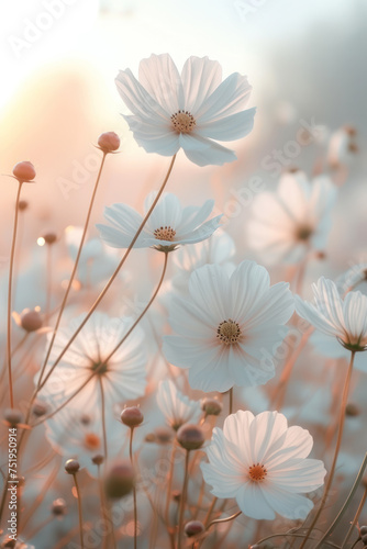 White cosmos flower in the mist and fog, vertical background