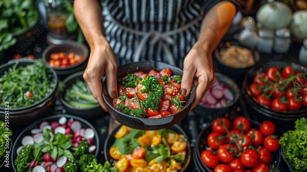 Hands holding a bowl of fresh salad with ripe strawberries, yellow tomatoes, and greens, over a diverse background of nutritious food. Hands holding a bowl of fresh salad with ripe strawberries, yellow tomatoes, and greens, over a diverse background of nutritious food.
