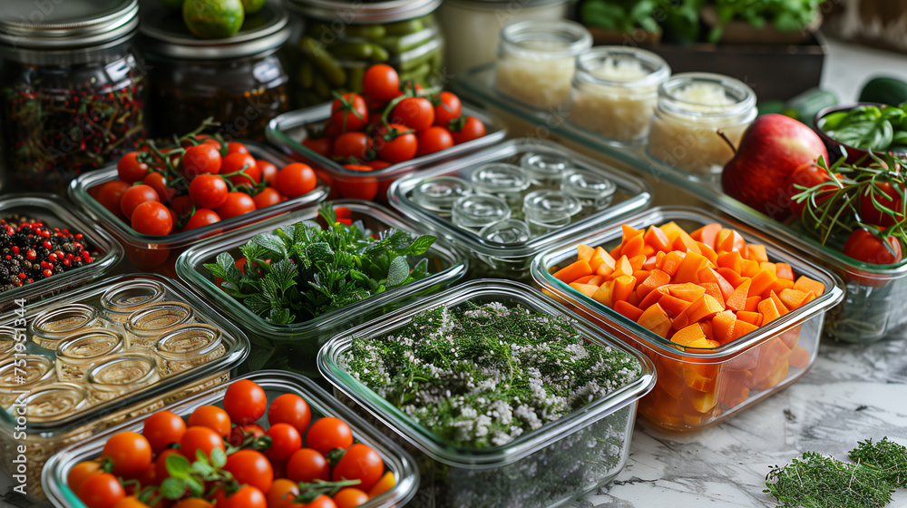 Healthy vegetarian food options including a variety of fruits and herbs neatly organized in clear containers on a white marble table.