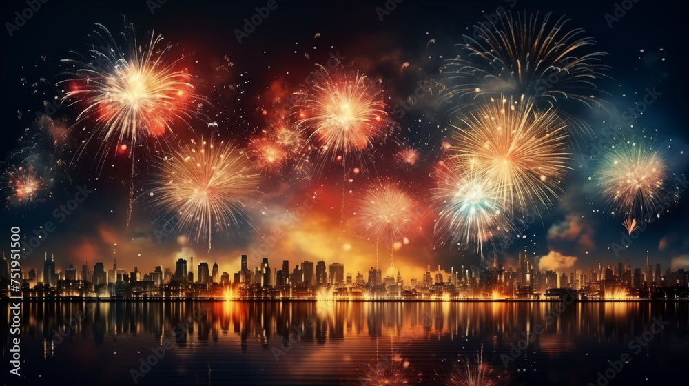 Fototapeta premium beautiful , maganificent fireworks over skyline, colorful, warm,new year celebration , holiday celebration, party , realistic. AI generated