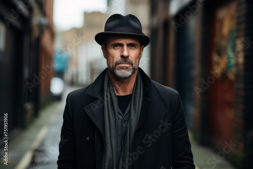 Portrait of a handsome middle-aged man in a black coat and hat. Men's beauty, fashion. © Iigo