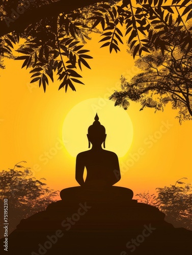 Vesak day concept: Silhouette Buddha with blurred travel tourist attraction in Thailand - Asia on golden temple sunset background, realistic, copy space - generative ai © Nia™