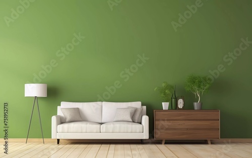 green plain wall with sofa & sideboard on wooden floor interior. generative ai