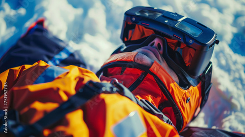 A closeup of a VR simulation device used to train EMS personnel on how to safely extract an injured person from a remote mountainous terrain.