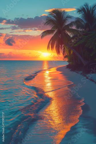 A deserted beach with palm trees at sunset
