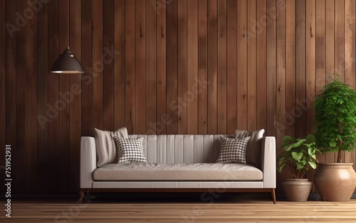 brown wooden wall with sofa   sideboard on wooden floor interior. generative ai