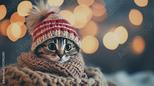 cute cat in winter session with sweeter on golden sparkling background 