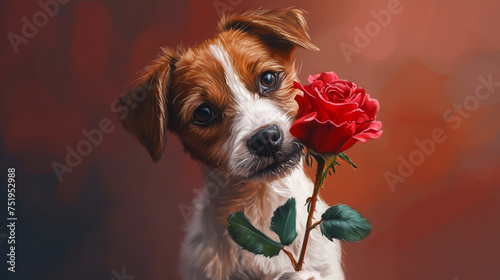 cute puppy with red flower in mouth 