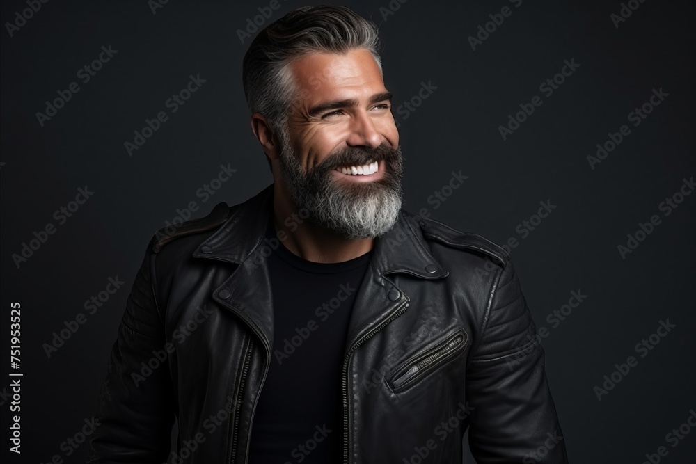 Portrait of a handsome bearded man in a black leather jacket. Portrait of a handsome bearded man in a black leather jacket.