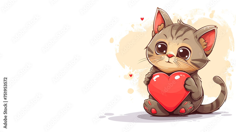 Fototapeta premium Small tabby kitten holding a bright red heart shape to convey themes of love and compassion for seasonal greeting cards and commercial advertising projects.