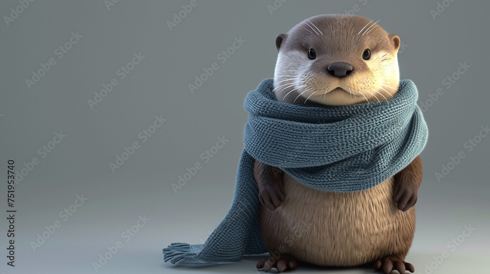 Obraz premium A curious otter wearing a warm blue scarf stands centered against a neutral grey backdrop for use in winter fashion advertisements or festive seasonal marketing campaigns.