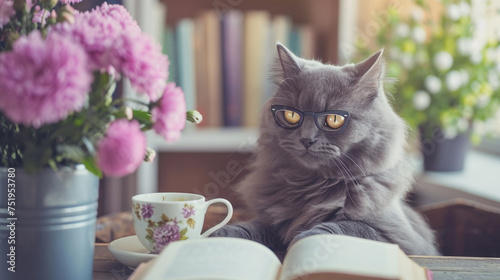cat with book and glasses and cup of coffee 