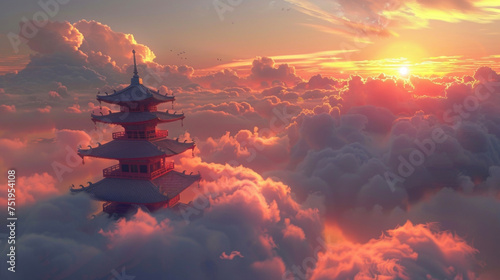 A floating pagoda in the clouds with a beautiful sunset and ethereal music inviting inner calm and emotional balance in a serene virtual experience.