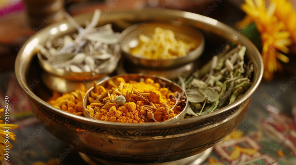 A closeup of a bowl of Ayurvedic herbs and es highlighting the importance of this medicinal approach in conjunction with yoga practices. A closeup of a bowl of Ayurvedic herbs and es highlighting the importance of this medicinal approach in conjunction with yoga practices.