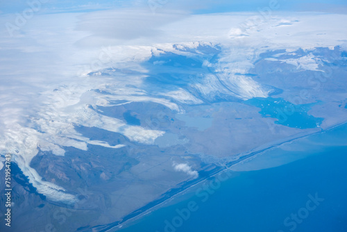 Vatnajokull Ice Sheet, glaciers and Jokulsarlon glacial lake from plane