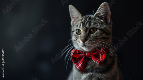 portrait of a cat with eyes wearing red tie 