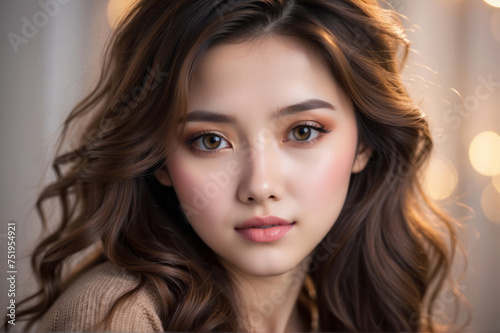portrait of a young woman with a gentle expression and striking features. Korean woman with soft skin and wavy brown hair