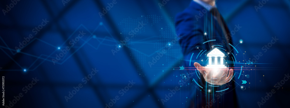 Online Banking: Digital Transactions, Financial Services, Secure Connectivity, Convenient Access, Businessman hold Online Banking on global structure network and Technological interface. Online Banking: Digital Transactions, Financial Services, Secure Connectivity, Convenient Access, Businessman hold Online Banking on global structure network and Technological interface.