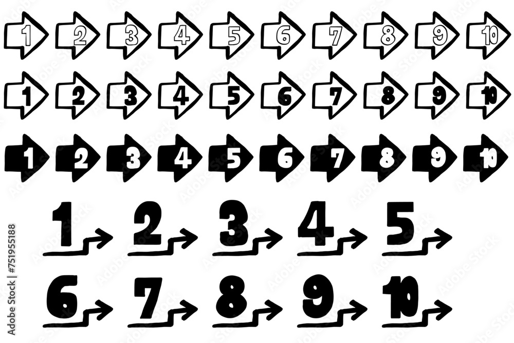Fototapeta premium 手描きのシンプルなモノクロの数字アイコンセット