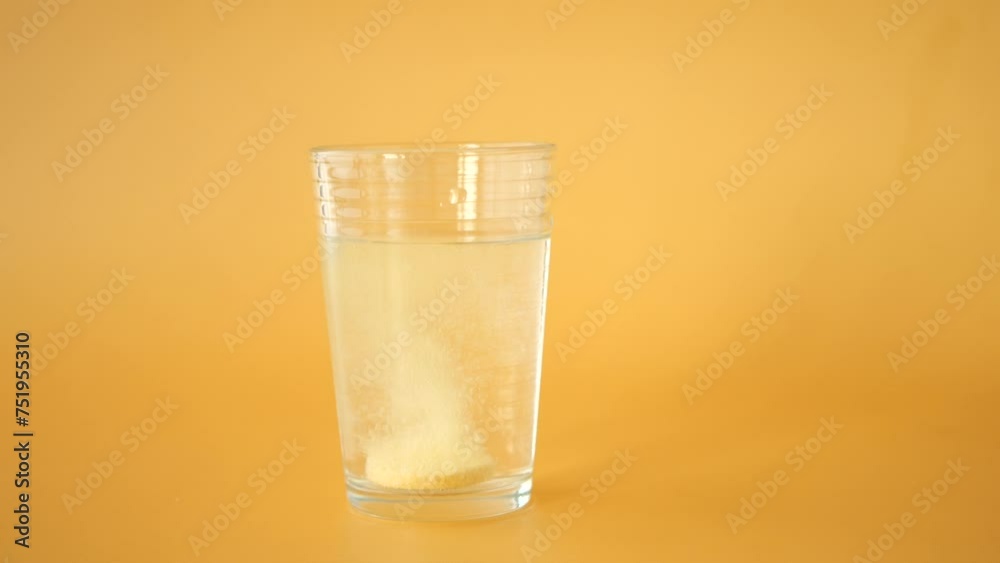 Effervescent soluble vitamin c tablet drops into a glass of water 
