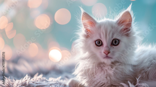cute white cat with defocused sparkling background 