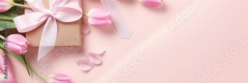 Mother's Day Decorations background, Beautiful gift box and tulips on pink rose flower background