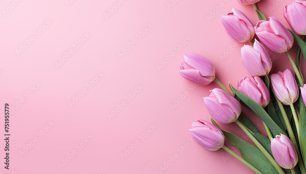 Fototapeta premium Pink tulips flower on pink background for Greeting card, background for banner