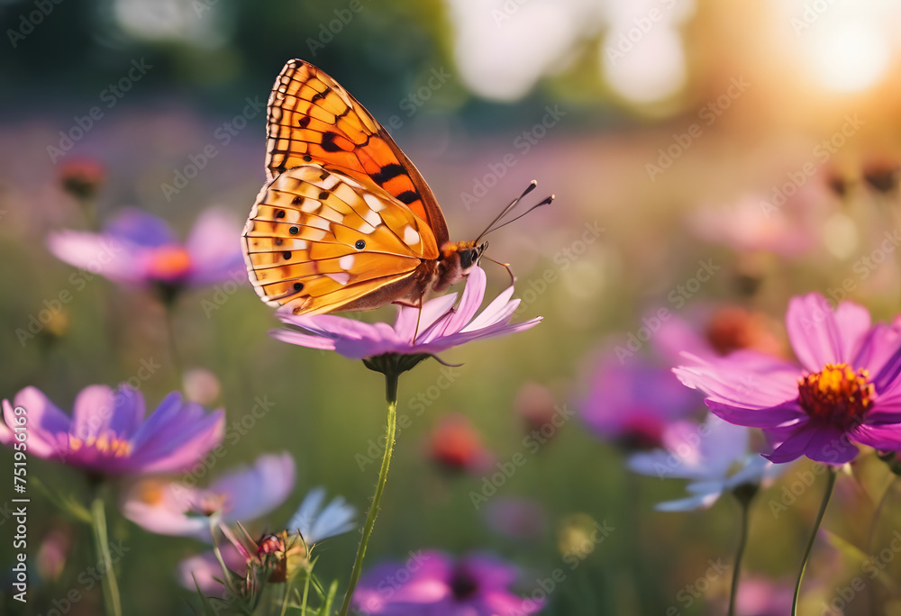 Obraz premium Orange butterfly on purple flower with soft-focus background in sunlight.
