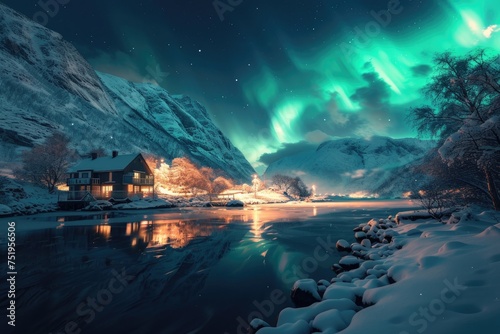 A magical winter landscape with a house nestled by a lake, the Northern Lights casting ethereal reflections on the water and the mountains enveloped in snow. 8k