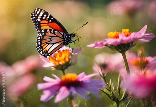 Monarch butterfly on a pink flower with a soft-focus background. © Tetlak