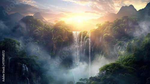 A magnificent waterfall tumbling down a mountainous setting, lit by the first rays of sunlight that catch the mist the falling water creates.