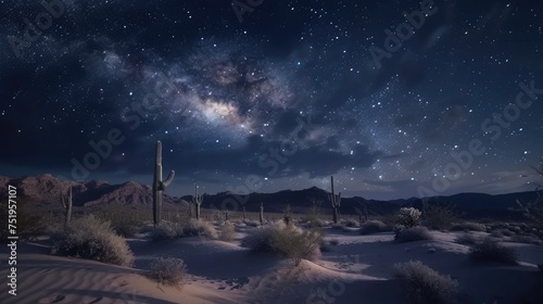 A night sky in a remote desert, with a clear view of the Milky Way arching over a landscape of sand dunes and cacti. 8k