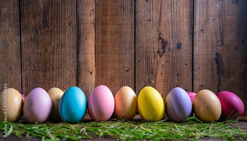 Colorful eggs line up in row on the ground with wooden wall as the background. Front view photo. Easter egg concept. With space for text. Template for banner, social media and website. Colorful eggs line up in row on the ground with wooden wall as the background. Front view photo. Easter egg concept. With space for text. Template for banner, social media and website.