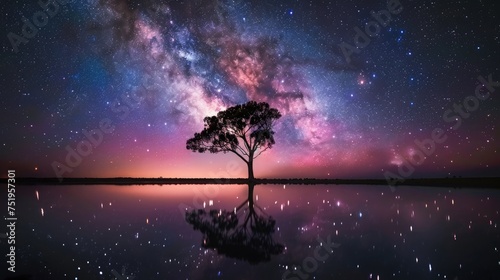 A panoramic capture of the Milky Way's dazzling array of stars and colors reflected perfectly in a lake