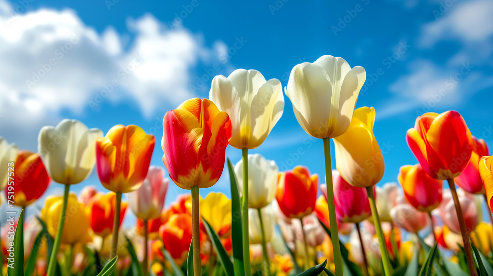 Red and Yellow Tulips Against Blue Sky