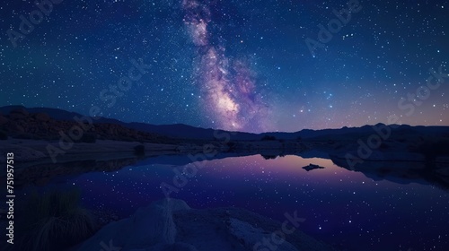 A panoramic night scene featuring the Milky Way's luminous band over a desert lake, where the still water and sparse landscape enhance the vastness and beauty of the star-filled sky. 8k