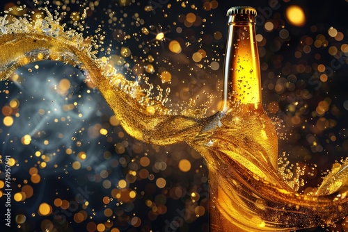 A bottle of beer with A beautiful viscous golden liquid beer swirling. Generative AI.