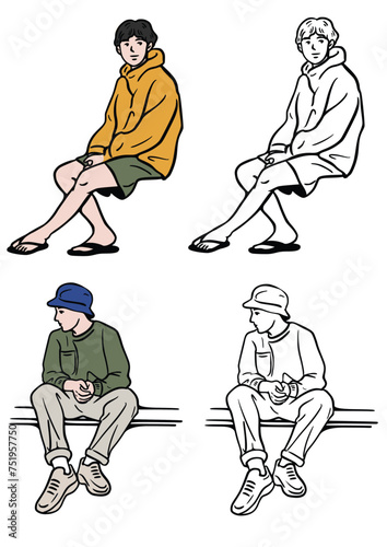Set of people sitting, white background.Young people lifestyle Hand drawn color Illustration 