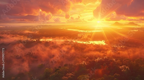 A panoramic shot of the Amazon basin at sunrise  showcasing the vast expanse of the rainforest awakening to the day  with the sky painted in hues of orange  pink  and gold. 8k