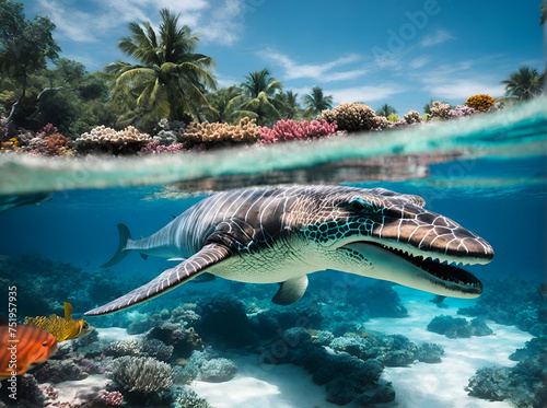 A majestic Elasmosaur the crystal clear waters of a vibrant blue ocean reef, surrounded by a colorful array of tropical fish.