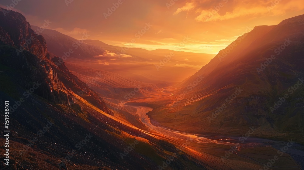 An expansive vista of a mountain valley at dusk, when the last of the daylight casts a warm orange glow over the surroundings, bringing attention to the shapes and textures of the mountain slopes. 