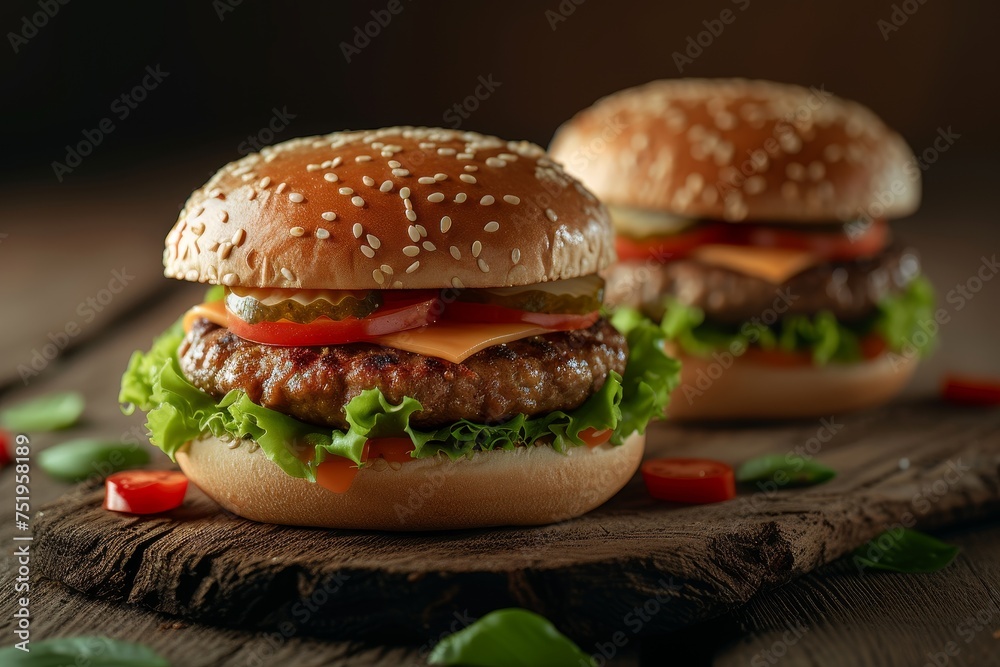 Juicy Cheeseburger with Fresh Ingredients on Wooden Table Juicy Cheeseburger with Fresh Ingredients on Wooden Table