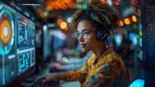 20s African american woman wearing glasses and headphones, working on a computer. Software engineer 