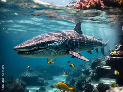 A majestic Ichthyosaur the crystal clear waters of a vibrant blue ocean reef, surrounded by a colorful array of tropical fish. © Phanuwhat