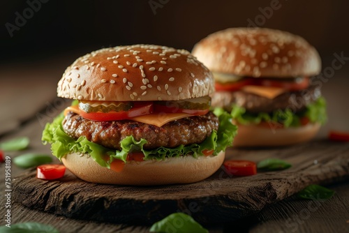 Juicy Cheeseburger with Fresh Ingredients on Wooden Table