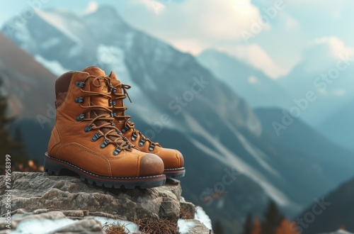Hiking boots on a mountain trail with scenic view