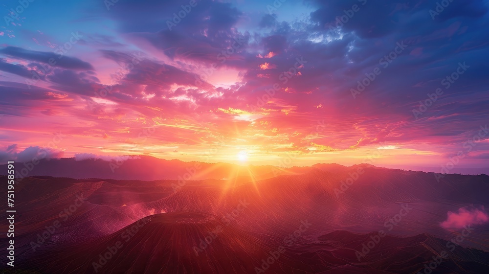 A panoramic view of sunrise at Bromo, showcasing the vast, open landscape A panoramic view of sunrise at Bromo, showcasing the vast, open landscape