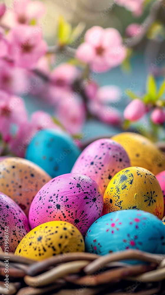 Colorful easter eggs in a basket with spring blossom background